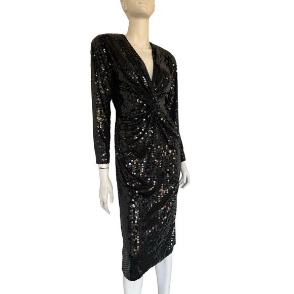 VTG Black Tie Neiman Marcus Holiday Sequin Dress Long Sleeve Black Med